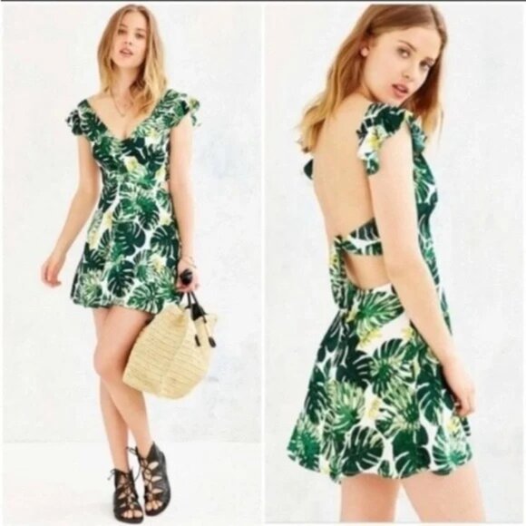 For Love &‎ Lemons Women's Large Dress White Green Tropical Leaf Tie Back Mini - Picture 7 of 7